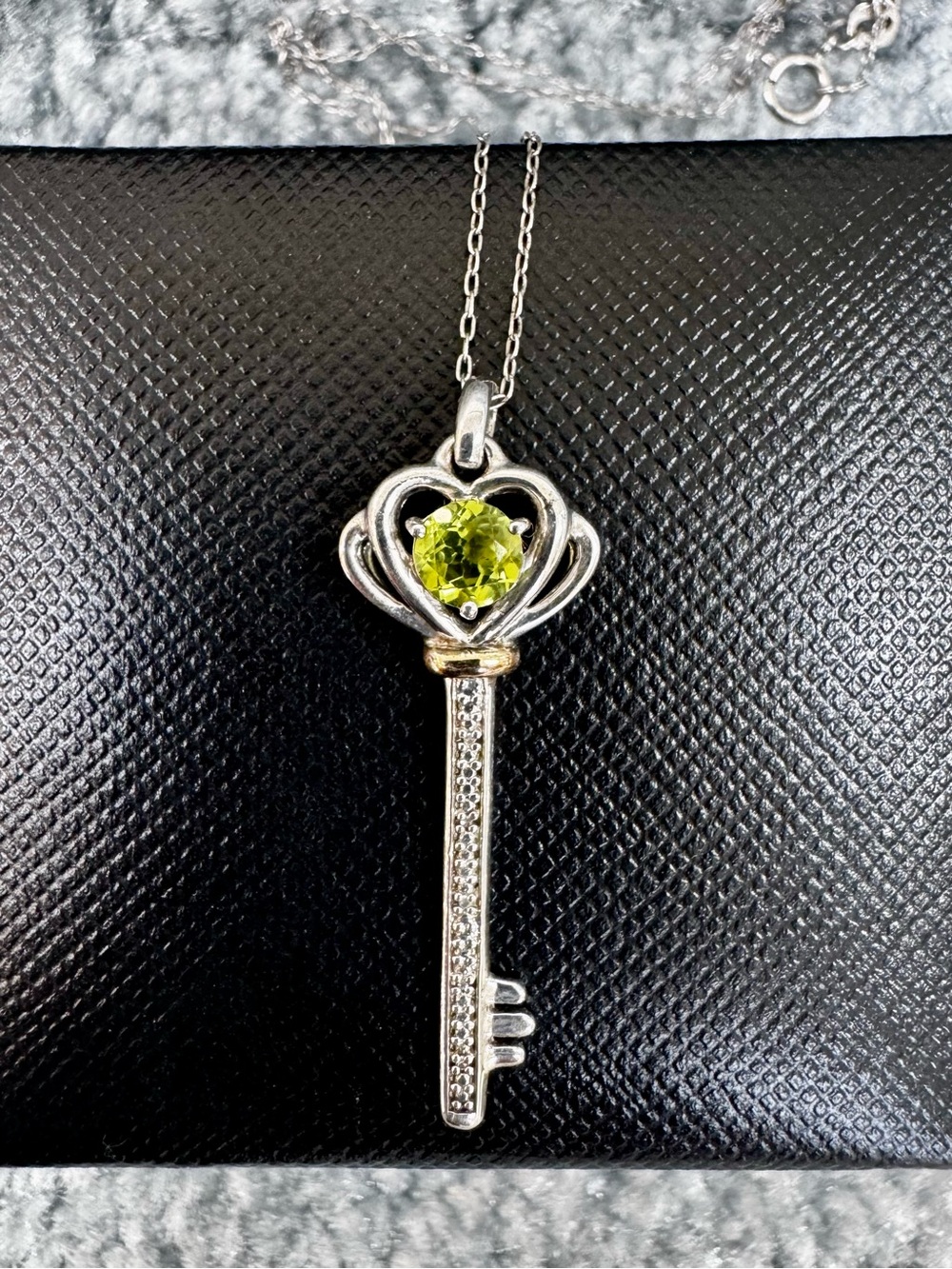 Heart Key Pendant Necklace with Peridot Stone - Silver and Gold Accents
